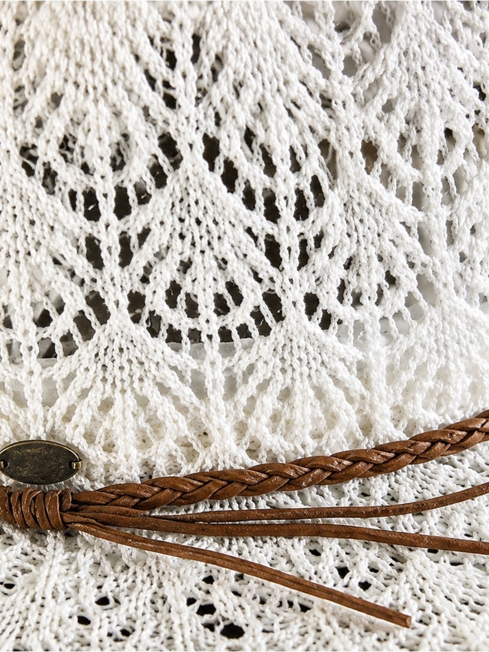 Horseshoe Lace Knit Panama Hat with Suede Cord -White - Picture 3 of 4